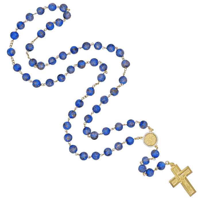 BLUE GLASS BEAD ROSARY - VERMEIL SILVER