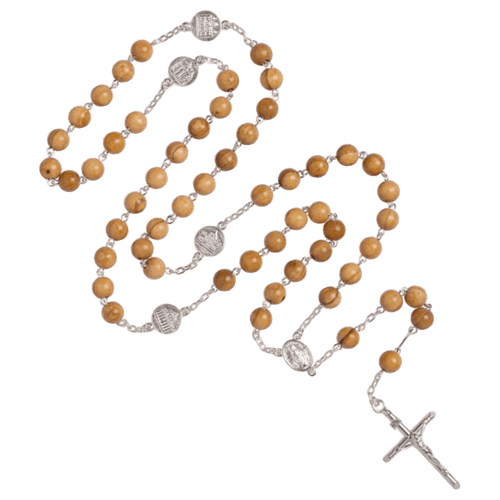 OLIVE WOOD ROSARY - SILVER