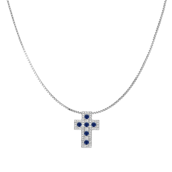 CROSS AND CHAIN - SAPPHIRE AND DIAMONDS - WHITE GOLD
