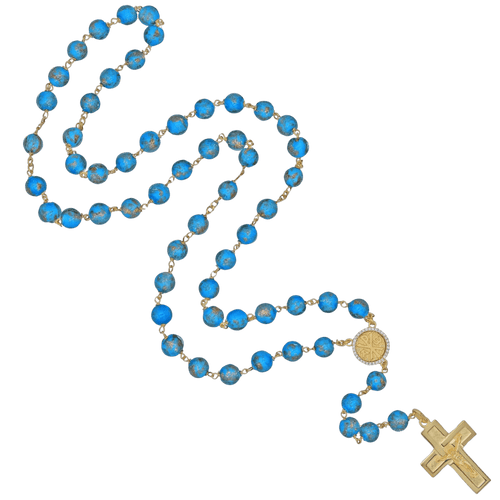 LIGHT BLUE GLASS BEAD ROSARY - VERMEIL SILVER