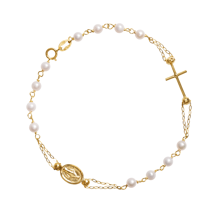 MIRACULOUS AND CROSS - PEARL ROSARY BRACELET - GOLD